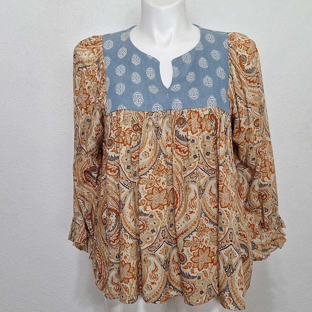 Jodifl Bohemian Paisley Mixed Media Hippie Balloon Sleeve Peasant Boho Top L